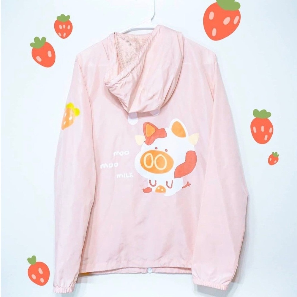 Ohmonah Moo Moo Strawberry Milk Pink Windbreaker Jacket Kawaii Cute Graphic Sz S